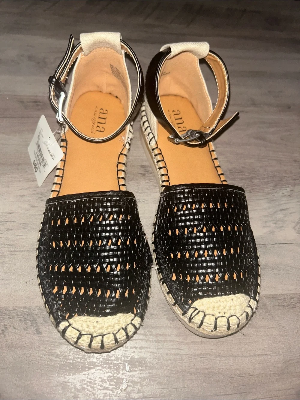 a.n.a Black Woven Espadrille Ankle-Strap Flats with Natural Jute Toe